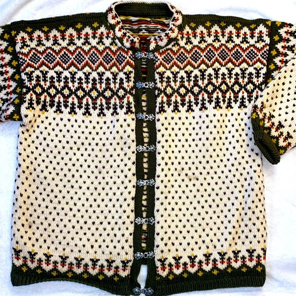 None Sweaters - Vintage wool hand knit Norwegian Scandinavian cardigan sweater Sz L unisex
